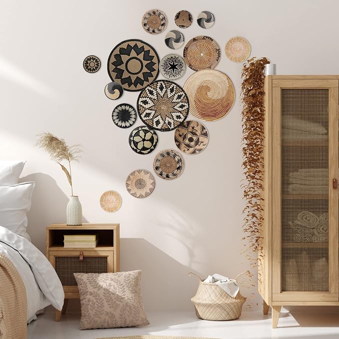 Glenmal 18 Pcs Boho Basket Wall Decals Round Wall Sticker Modern Decor Peel and Stick Decor Sticker Removable Boho Stickers Rustic Art for Bedroom Office, Stickers Only(Rustic Style) - Image 6