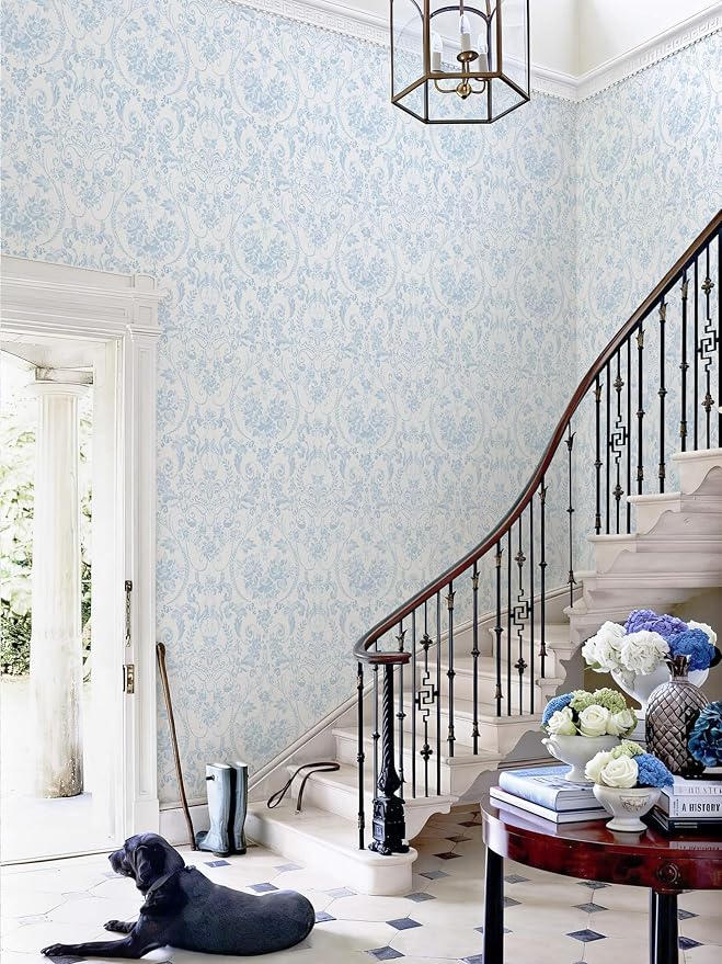 Peel and Stick Wallpaper for Bedroom Blue and White Damask Waterproof | 78.7"×17.3" Blue Modern Damask Watercolor Wallpaper Vintage Accent Wall Decor with Grid Lines for Bathroom Self-adhesive - Image 7