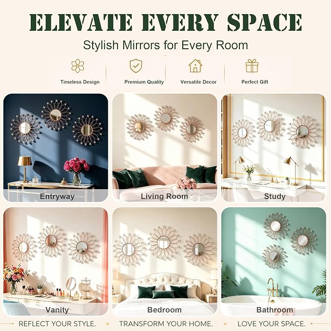 3 Pack Metal Mirrors for Wall Sunburst Wall Mirrors Home Décor Decorative Hanging Wall Art for Living Room Bedroom Entryway (Rose Gold2 Crystal, Flowers) - Image 6