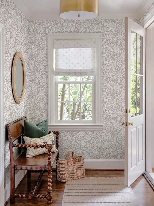 Heroad Floral Peel and Stick Wallpaper Beige William Morris Contact Paper | Vintage Botanical Wall Paper for Bedroom,17.3''x393'',Cottage,Neutral,Removable Self Adhesive Vinyl Roll for Laundry,Nursery - Image 4
