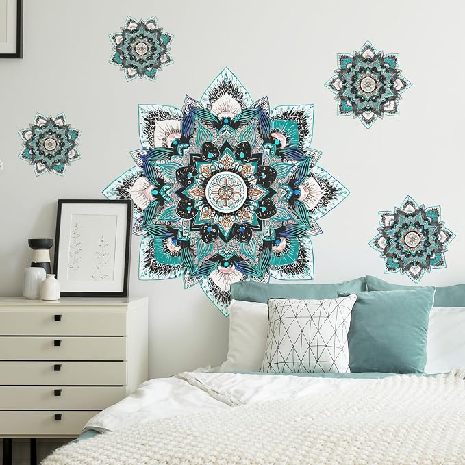 Blue Mandala Wall Stickers Boho Floral Mandala Wall Decals Peel and Stick Mural Decor for Living Room Bedroom Yoga Space Home Decoration (Blue Mandala) - Image 3