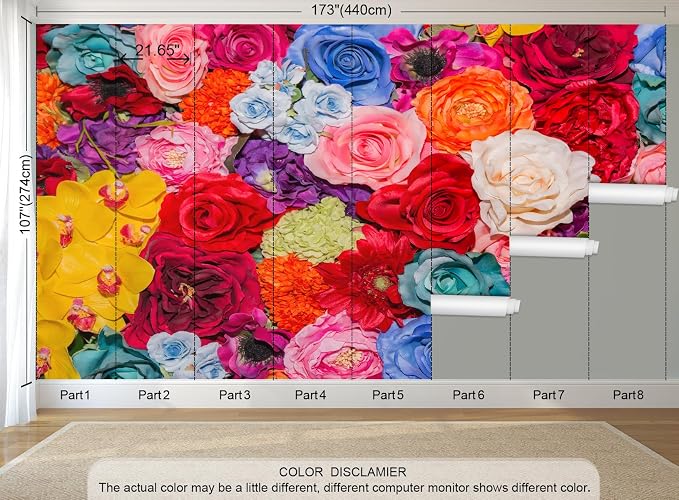 Floral Peel and Stick Wallpaper Multicolor Red Rose Wall Mural | 173"x108", Self Adhesive Canvas, for Bedroom Living Room Bathroom, Seamless, No overlapping - Image 3