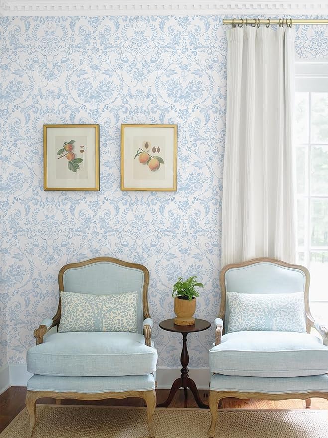 Ismoon Blue and White Wallpaper Floral Peel and Stick Wallpaper 17.3in x 16.4ft Vintage Damask Blue Contact Paper Boho Removable Watercolor Wall Paper for Bedroom Bthroom Kitchen Décor Vinyl - Image 4
