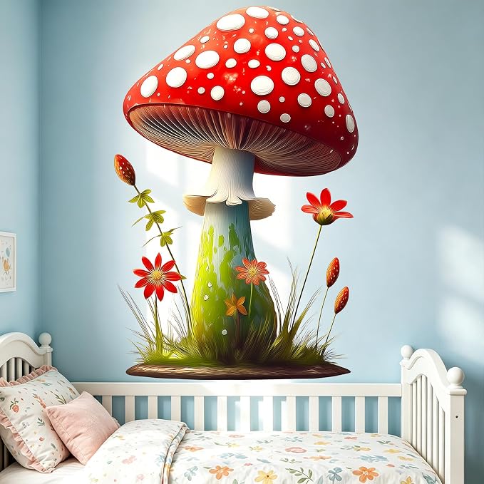 Red Mushroom Wall Decals Peel and Stick Self Adhesive Nursery Decor Art | Flowers Grass Wall Stickers for Kids Room Nursery Baby Bedroom Playroom, Whimsical Forest Wall Art for Toddler Boys Girls - Image 4