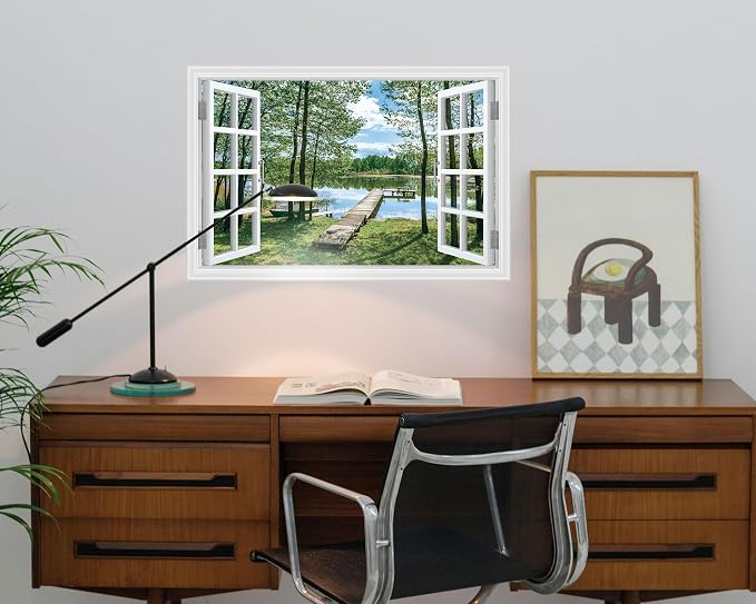 FLFK Fake Window Wall Decal Peel and Stick Wall Mural 24" x 16" | Lake & Forest Scene, 3D Illusion Effect, Removable Design, Home Office Decor, Easy Application - Image 5