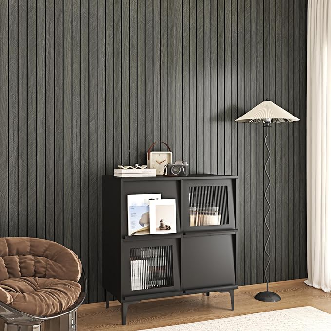 Black Grey PVC Acoustic Slat Wall Panel Peel and Stick for Walls | Textured Deep Gray Fluted Wood Paneling Self Adhesive Soundproof 3d Wall Panels for Living Room Bedroom TV Background 12×118" - Image 2