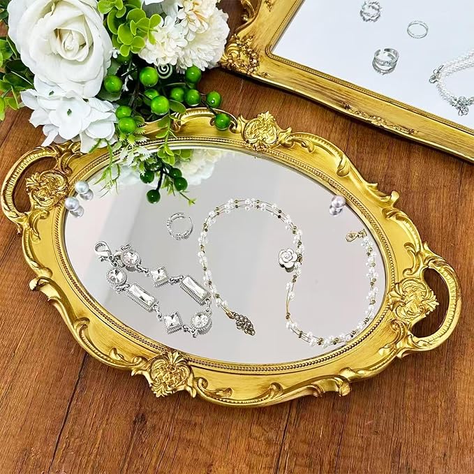 4 PCS Vintage Gold Mirror Set Vintage Mirrors for Wall Antique Shield Shape Square Oval Decorative Mirror Jewelry Dresser Organizer Tray for Living Room Bedroom Wedding Desktop Photography Decoration - Image 7