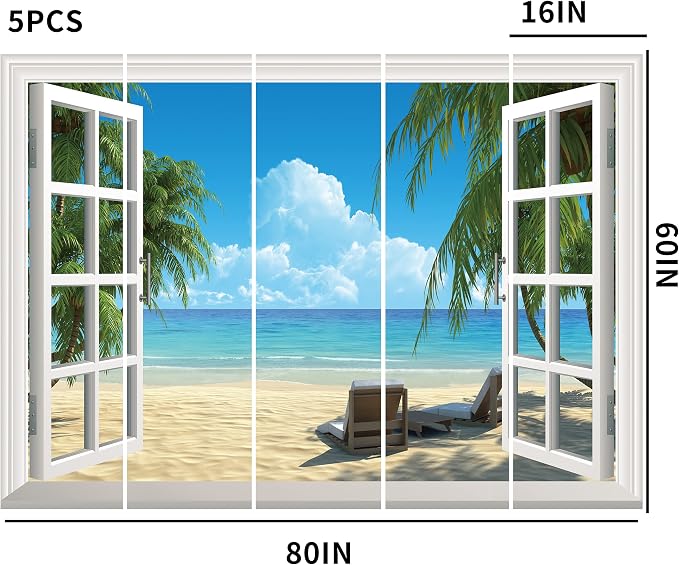 FLFK Fake Window Wall Sticker - Summer Beach Faux Window Wall Mural for Wall Decor, Stick and Peel Wall Decals,80"x60",Set of 5 Sheets - Image 4