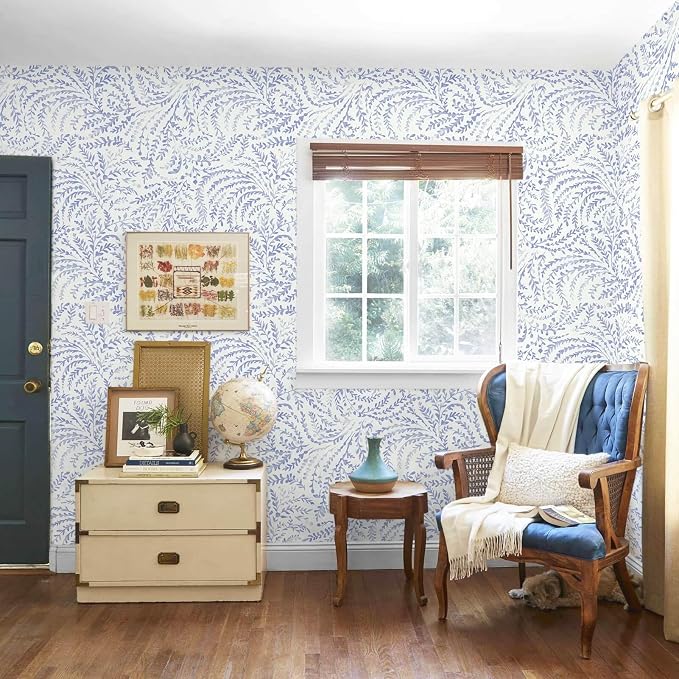 Ismoon Boho Peel and Stick Wallpaper Blue and White Farmhouse Contact Paper | 17.3x393in Leaf Botanical Stick on Wall Paper Removable Self Adhesive Vinyl Wallpaper for Bedroom Accent Wall Decor Hallway - Image 5