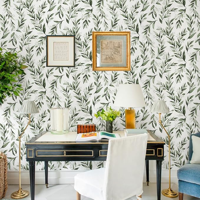 Livebor Leaf Wallpaper Peel and Stick Green Contact Paper17.7” x 196.8” | Sage Green Peel and Stick Wallpaper Adhesive Shelf Liner Wall Paper for Bathroom Neutral Olive Wallpaper Decorative Vinyl - Image 2