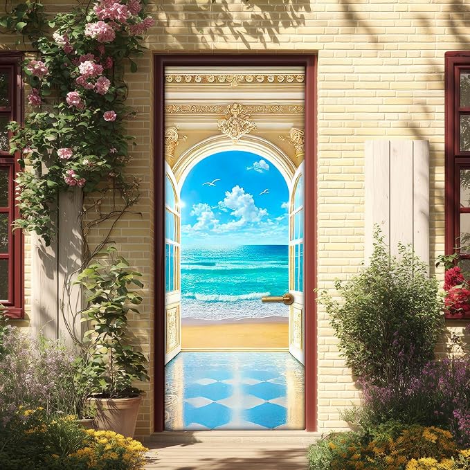 HOMETITUTE Arched Carved Beach Door View Peel Stick 30.3x78.7 Vinyl | Wall Cover Poster Decals Removable Wallpaper Self Adhesive Bedroom Livingroom Office - Beach View by HOMETITUTE
