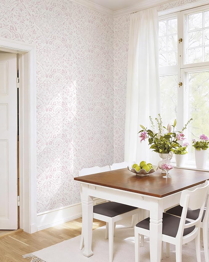 Dimoon Boho Peel and Stick Wallpaper Soft Pink Floral Contact Paper French Flower Wall Paper 362''x17.3'' Textured Self Adhesive Watercolor Damask Stick On Wallpaper for Bedroom Bathroom Decor Vinyl - Image 5