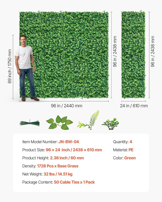 VEVOR Artificial Plant Wall, 4 PCS, Each Panel 2 x 8 ft Artificial Boxwood Panels, Sun Protection Greenery Backdrop Privacy Hedge Fence, Fake Grass Screen for Wedding, Indoor,Outdoor Garden Mixed Leaf - Image 7