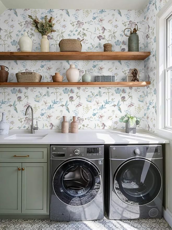 Ismoon Floral and Bird Peel Stick Wallpaper Blue Contact Paper 17.3x78.7in | Hummingbird Flower Wall Paper Removable Self Adhesive Waterproof Vinyl Wallpaper for Bedroom Cabinet Wall Decro - Image 4