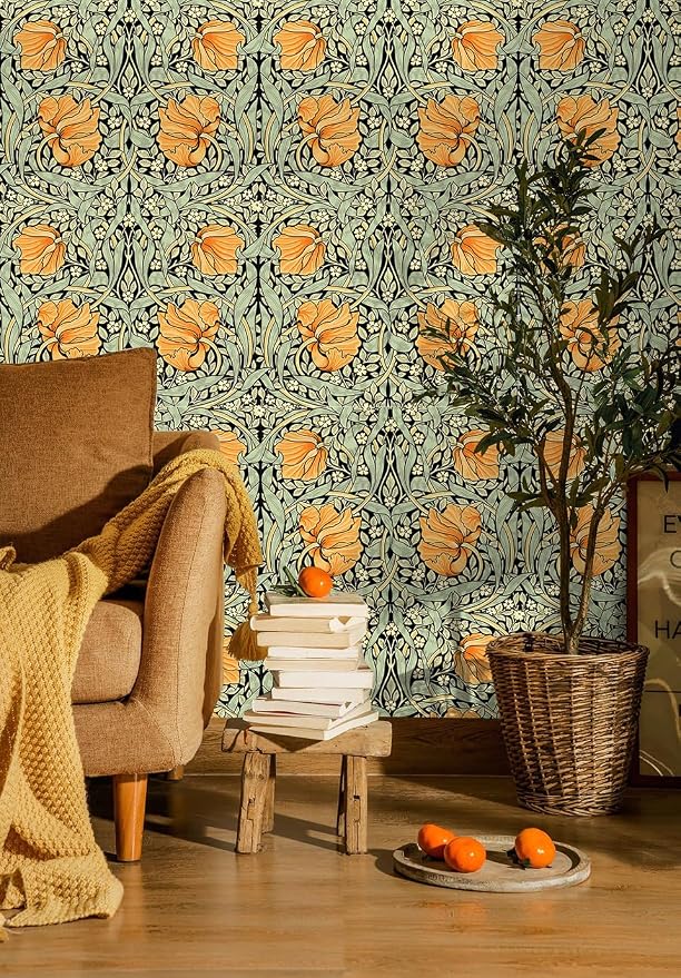 HAOKHOME William Morris Style Wallpaper Floral Orange 17.3in x 32.8ft | Long Peel and Stick Textured Wall Paper Renter Friendly Removable Black Green Yellow Floral Bathroom Bedroom Contact Paper - Image 5