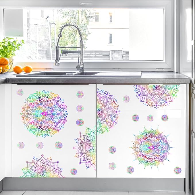Colorful Mandala Wall Decal Half Mandala Window Wall Stickers Lotus Flower Decals Peel and Stick Modern Art Stickers Removable Minimalist Headboard Decals for Bedroom Living Room Decor - Image 9