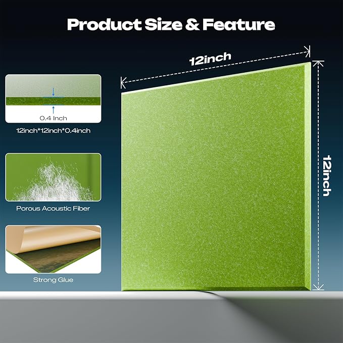 Sonicism 22 Pack Acoustic Wall Panels with Self-Adhesive, 12" X 12" X 0.4" Sound Proof Foam Panels, Decorative Soundproof Wall Panels, Sound Proof Absorbing Tiles for Home & Offices, Light Green - Image 4