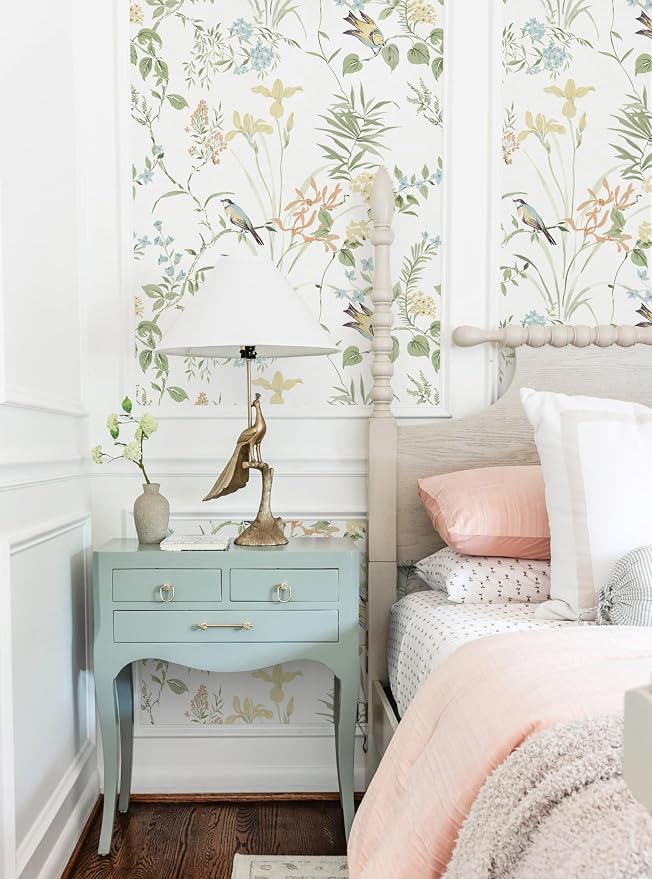 Erfoni Boho Floral Peel and Stick Wallpaper Green Floral Birds Wallpaper | 16.9" x118" DIY Self Adhesive Removable Wallpaper for Livingroom Cabinet Decor Modern Flower Leaf Contact Paper Vinyl Roll - Image 2