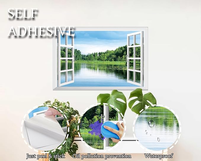 FLFK Fake Window Wall Sticker, Lake Forest Nature View Peel and Stick Mural, White Frame, Self-Adhesive Removable Decal, 24 x 16 Inches, Easy Peel and Stick, for Home, Office, Bedroom Decor - Image 7