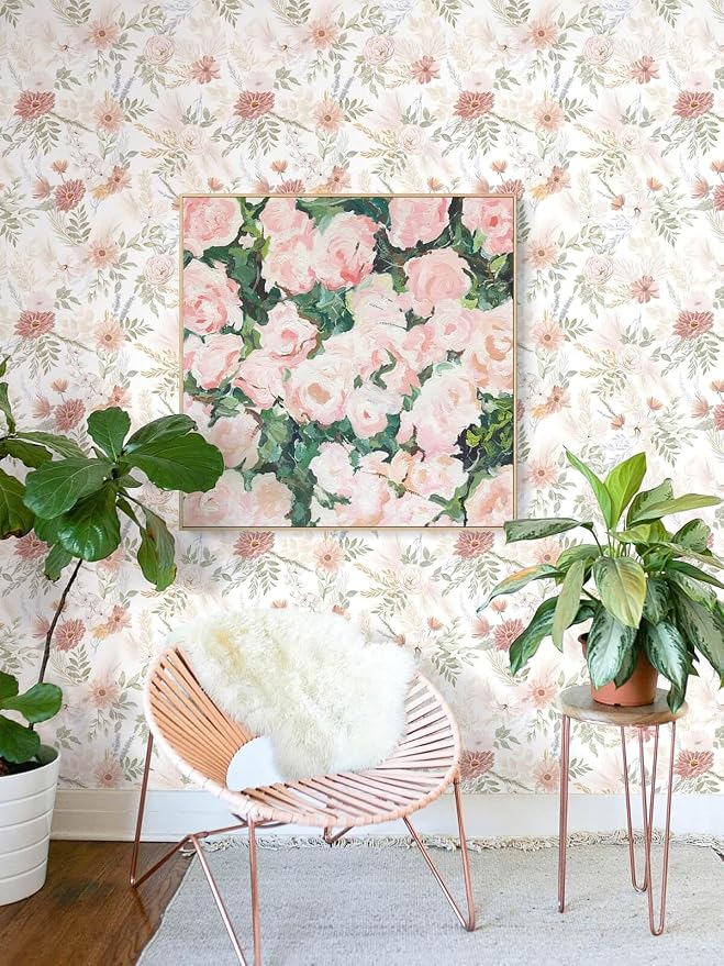 Dimoon Pink Floral Peel and Stick Wallpaper Modern Beige Contact Paper 17.3''x78.7'' Boho Village Country Cottage Wallpaper Renter Friendly Girls Room Wall Paper for Bathroom Nursery Bedroom Vinyl - Image 6