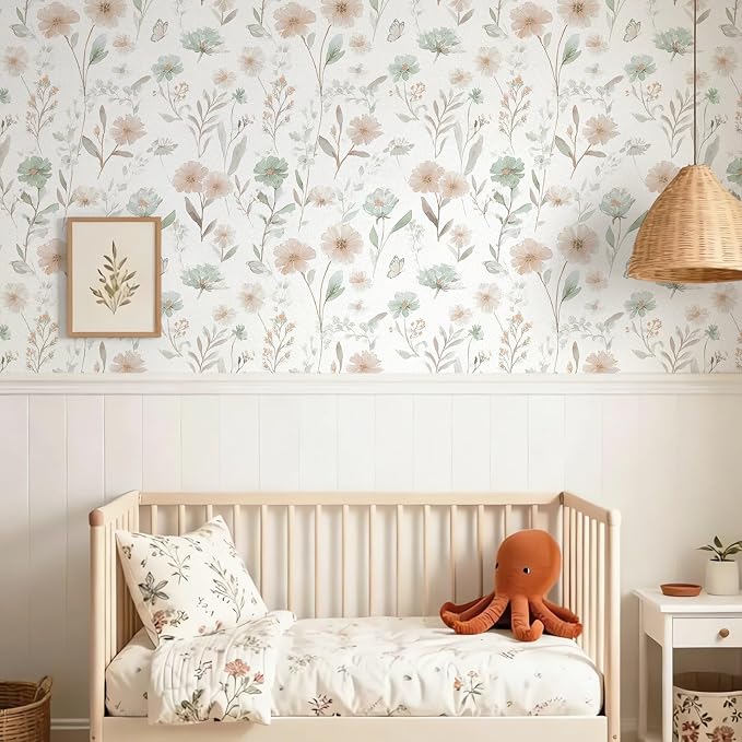 Ismoon Floral Peel and Stick Wallpaper Boho Wallpaper 17.3in x 16.4ft Pink and Green Contact Paper Watercolor Flower Removable Wall Paper for Bedroom Nursery Kitchen Girls Room Vinyl - Image 2