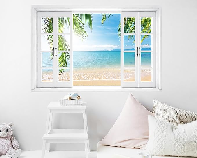 FLFK Fake Window Wall Mural - Tropical Ocean View Peel and Stick Decal, 48 x 32 inches, Set of 2 Sheets - Image 3