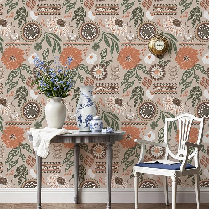 Simon&Siff Boho Sun Floral Retro Peel and Stick Wallpaper 17.3" x 1200" | Removable Waterproof Self Adhesive Contact Paper, Renter Friendly for Cabinets, Furniture, Bedroom, Bathroom, DIY Decor - Image 3