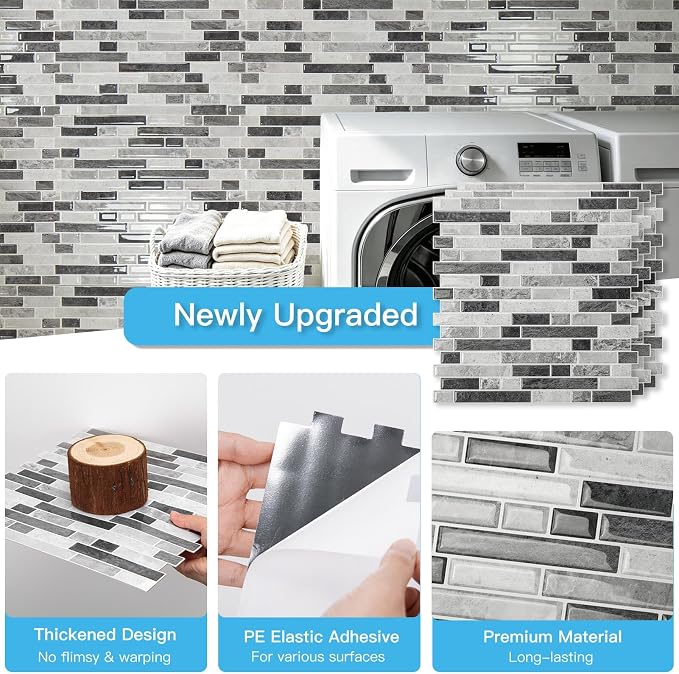 Art3d Linear Tile Peel and Stick Backsplash, 10-Sheet, Multi-Tone Gray | 12 x 12 Inch, Enhanced Thickness, Warp Resistant, Strong Adhesion, Sturdy, for Kitchen, Bedroom, Ideal for Home Improvement - Image 5
