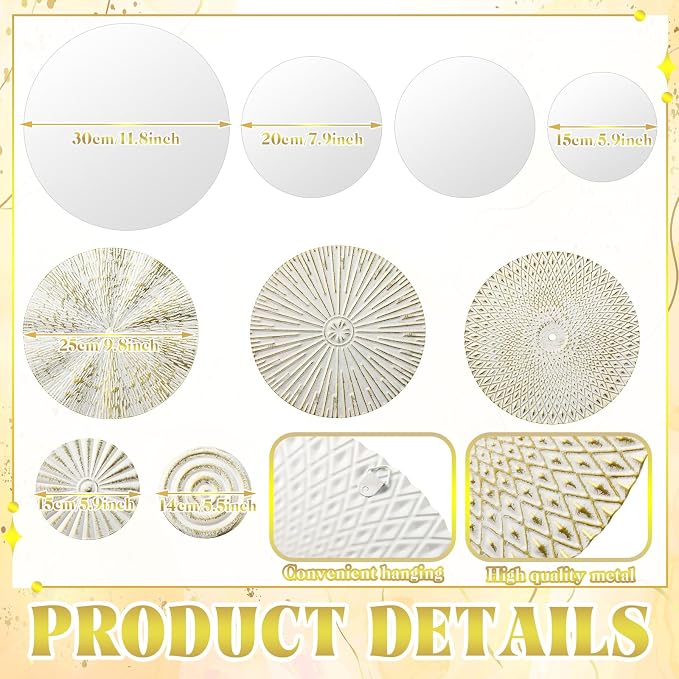 Blulu 9 Pcs White Gold Mirror Wall Decor Metal Round Home Art Decor Decorative Modern Circle Mirror Wall Art Sculpture Hanging Decorations for Home Living Room Office - Image 3