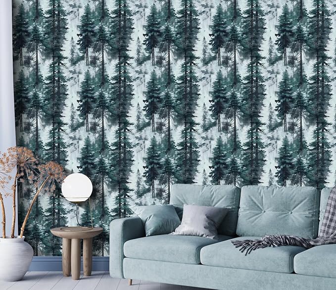 HAOKHOME Forest Peel and Stick Wallpaper Misty Blue Mural Contact Paper | Textured Removable Tree Landscape Mountain Botanical Nature Wall Paper Waterproof Blue Green Bathroom Bedroom 17.3in x 9.8ft - Image 3