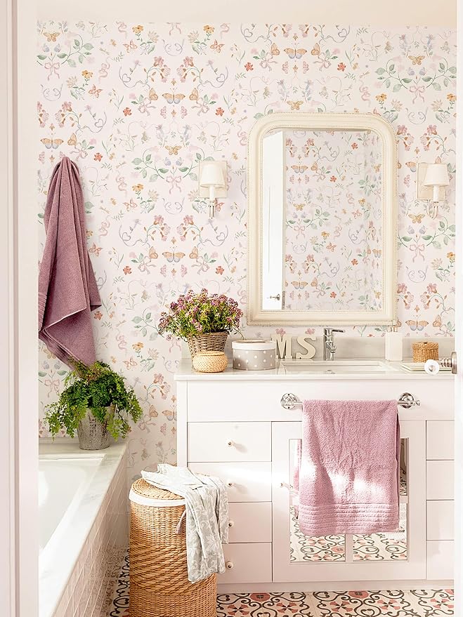 Peel and Stick Wallpaper for Nursery Pink Cute Bow Leaf Waterproof | 78.7"×17.3" Colorful Butterfly Wallpaper Pink Cute Accent Wall Decor with Grid Lines for Bedroom Vinyl Self-adhesive - Image 5
