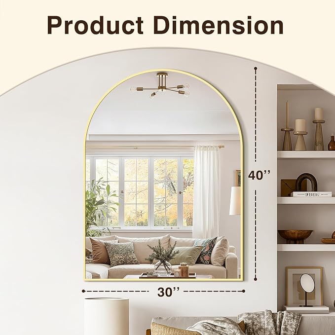 Arched Bathroom Vanity Mirror for Over Sink, 40”x30”, Gold - Image 3