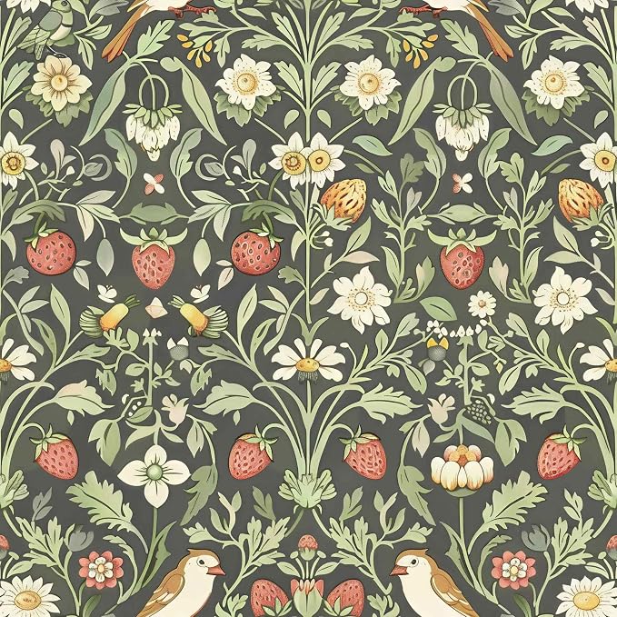 Vintage Wallpaper William Morris Botanical Peel and Stick Wallpaper | Dark sage background with wildflower, bird & strawberry print, removable waterproof vinyl wall covering, bedroom accent decor by Unknown