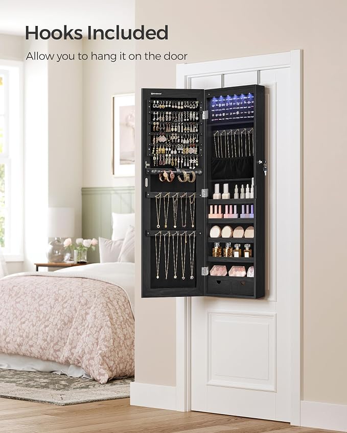 SONGMICS Mirror Jewelry Cabinet Armoire, Wall or Door Mounted, Lockable - Image 7
