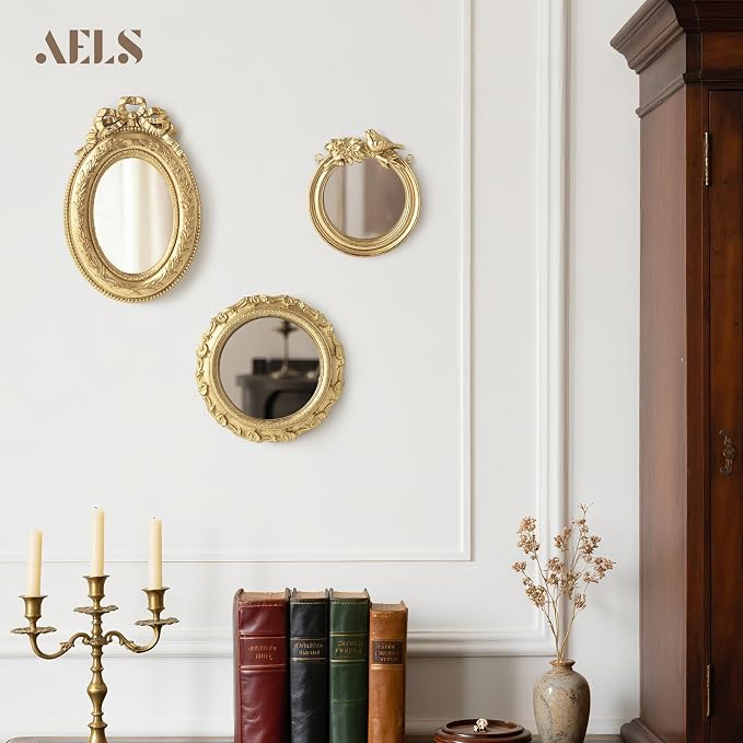 AELS 3 Pack Small Antique Gold Mirror Wall Decor, Wall Hanging Mirror, Luxury Home Decor, Vintage Wall Mirror, Small Decorative Mirrors for Living Room Entryway Bedroom, Bird Bow - Image 3
