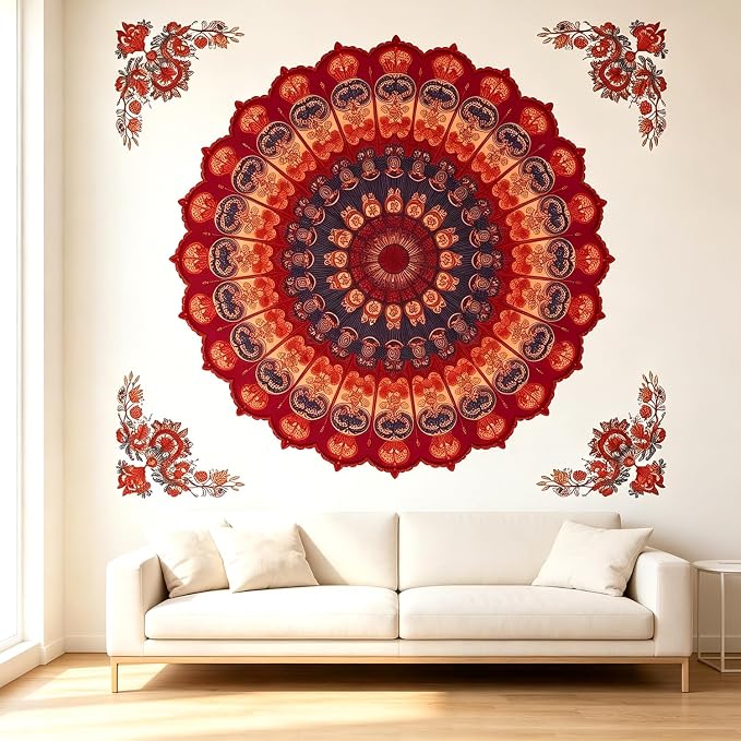 Vintage Boho Red Mandala Wall Decals, Floral Flowers Wall Stickers | Flowers bohemia‌ indian symmetric peel and stick wall decor, removable vinyl wall art mural for bedroom living room classroom - Image 5