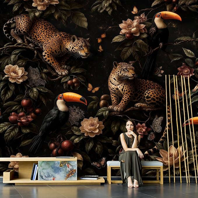 Dark Tropical Jungle Leopard Peel and Stick Wall Mural, Canvas Wallpaper | Large Removable Jungle Mural with Leopard, Toucan and Tropical Flowers for Living Room, Bedroom or Accent Wall Decor by ARVOTONE