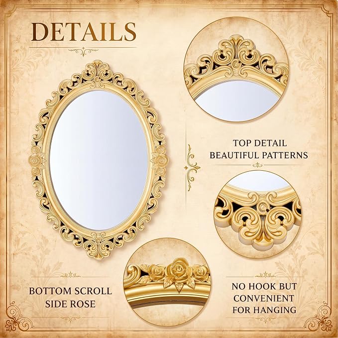 Beeveer 1 Style Vintage Mirrors Set Decorative Oval Wall Mirror Small Antique Mirrored Tray Decorative Hanging Mirror for Bathroom Bedroom Jewelry Organizer Victorian Decor (Oval,Gold) - Image 3