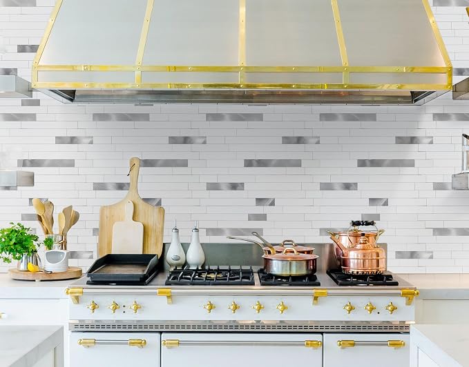 Yipscazo Peel and Stick Stone Metal Backsplash, Stick on Tiles for Backsplash Kitchen (5 Pack, Pure White) - Image 2