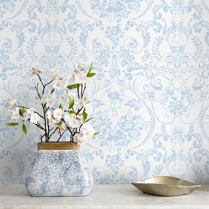 Peel and Stick Wallpaper for Bedroom Blue and White Damask Waterproof | 393"×17.3" Blue Modern Damask Watercolor Wallpaper Vintage Accent Wall Decor with Grid Lines for Bathroom Self-adhesive by Fiula