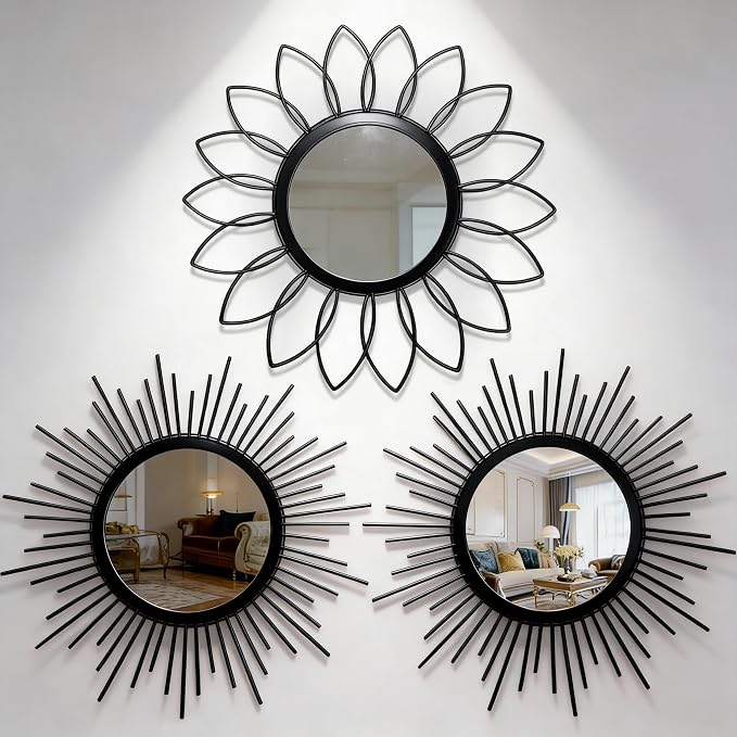 Set of 3 Black Metal Sunburst Wall Mirrors - 12" Round Decorative Art for Living Room Bedroom Bathroom Entryway, No Assembly Required, Rust Resistant Design by HMANGE