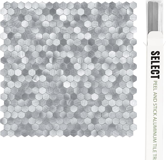 Select 5 Pack Hexagon Peel and Stick Backsplash Tiles, Brushed Nickel | Self Adhesive Metal Backsplash Stick On Aluminum Tiles for Kitchen Bathroom, 12” x 12” Wall Tiles w/10 Edge Pieces - Image 3