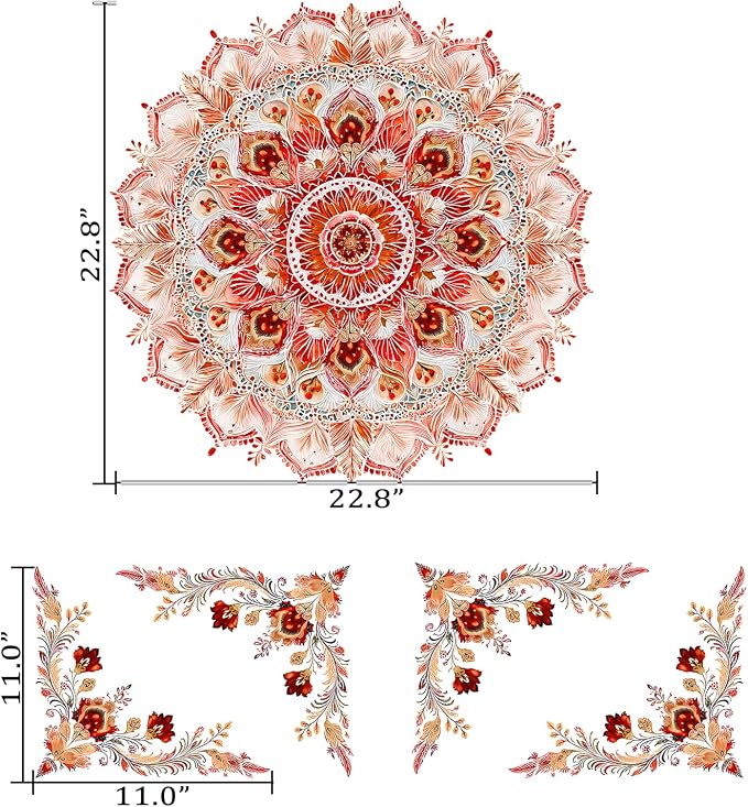 Watercolor Boho Floral Flower Mandala Peel and Stick Wall Decals Decor | Red orange mandala flowers wall stickers mural, classic removable vinyl decor for living room bedroom meditation space decor - Image 2