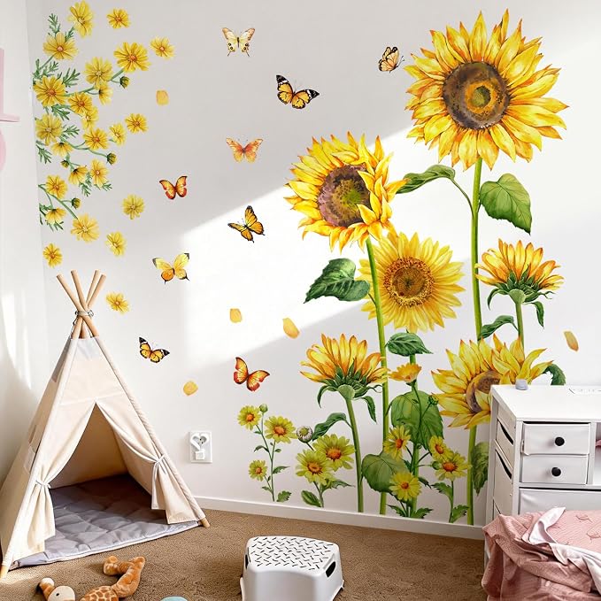 Sunflower Wall Decals Peel and Stick with Butterflies, Large Removable Sunflower Wall Stickers, Floral Wall Decor for Bedroom Living Room Nursery Office Cafe - Image 6