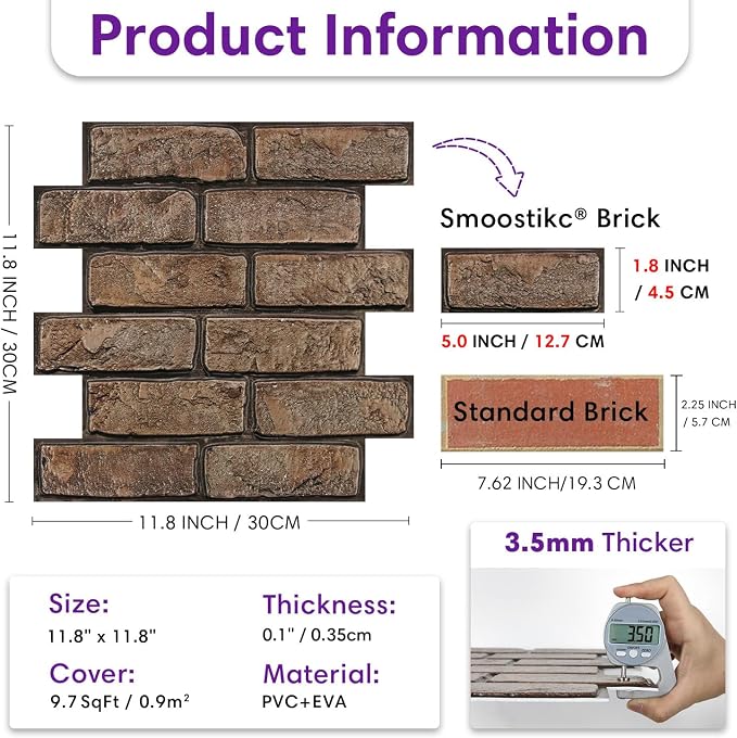 3D Faux Brick Wall Panels Peel and Stick, Designed for Quick DIY | Brown, 10 Pcs 11.8" x 11.8", Small Brick-Look, Ultra-Light PVC Fake Brick Wall Covering for Wall Renovation, Cover 9.7 sq ft - Image 5