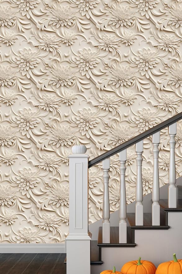 Peel and Stick Wallpaper Light Brown Scroll Floral Small by WEISENI