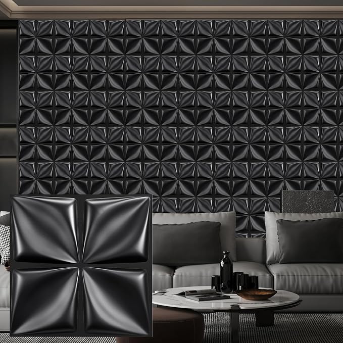 Heikki 30 Pack 3D Wall Panel for Interior Wall Décor, PVC Flower Textured Wall Panels for Living Room Bedroom Hotel Office, 11.8"x11.8", Double-Sided Tape (Black-SYH) by YourBestChoices