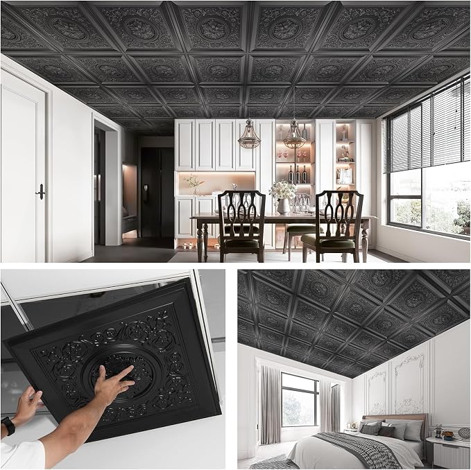 WOWSTAR 24-Pack 24"x24" Drop Ceiling Tiles, Waterproof Glue Up Vintage Style 3D Ceiling Tiles, Black, Wall Art | PVC ceiling panels, 24"x24", waterproof, glue-up install, basement kitchen bathroom, 24-pack - Image 3