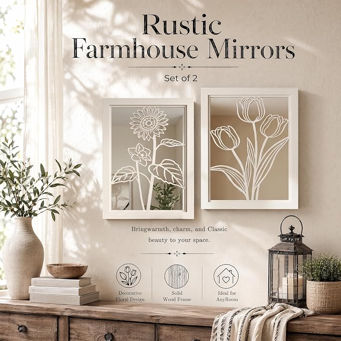 2 Set Farmhouse Mirrors for Wall Decor Living Room Bedroom Bathroom Entryway Wood Rustic Framed Decorative Accent Hanging Wall-Mounted Mirror Set -Distressed White 15.7 in - Image 3