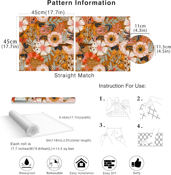 HAOKHOME Boho Wallpaper Peel and Stick Floral Retro Orange Pink Colorful | Botanical Textured Wall Paper Vintage Renter Friendly Removable Flower Bathroom Bedroom Nursery Accent Decor 17.3in x 9.8ft - Image 7